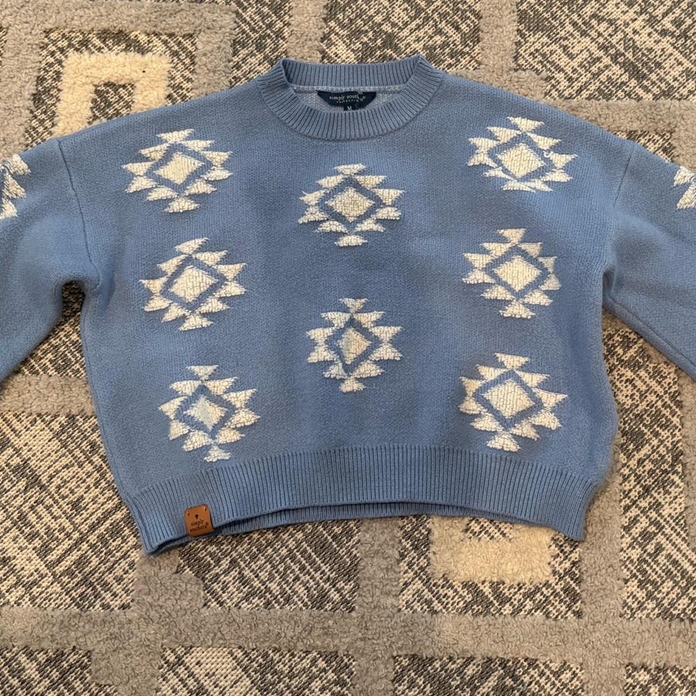 Simply Southern Light Blue Sweater with Cream Pattern